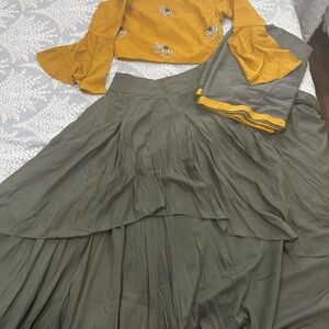 Yellow and Olive Green Lengha Choli w Dupatta